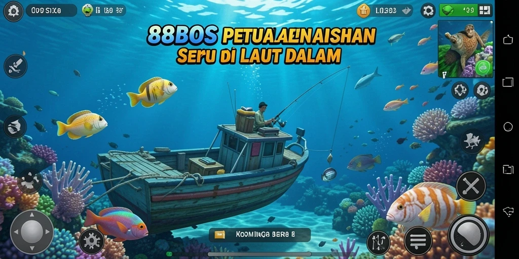 Tampilan gameplay 88BOS saat memancing di laut yang indah.