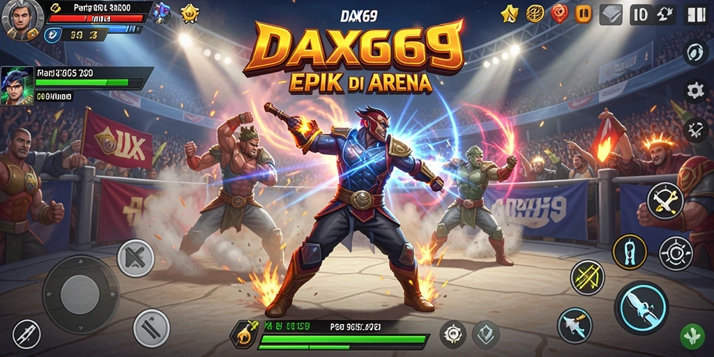 Screenshot gameplay DAX69 menunjukkan pertarungan intens antar karakter.