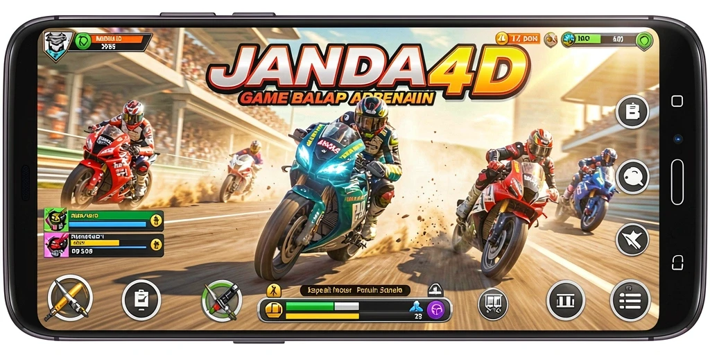 Tampilan gameplay JANDA4D dengan balapan motor yang seru dan mendebarkan.