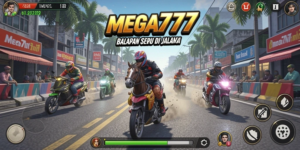Tampilan gameplay MEGA777 yang mendebarkan dalam balapan jalanan.