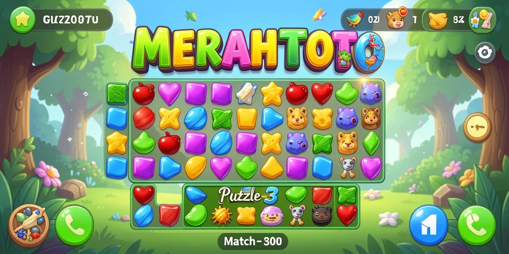 Screenshot permainan MERAHTOTO menampilkan momen mencocokkan permata berwarna.