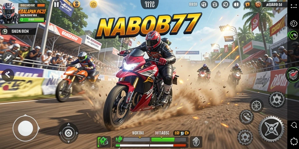 Screenshot utama menunjukkan aksi balapan motor yang mendebarkan di NABOB77.