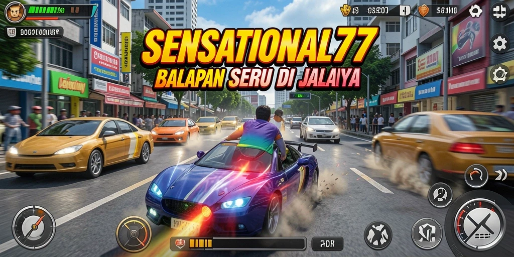 Screenshot gameplay SENSATIONAL77 yang menampilkan balapan seru di lintasan.