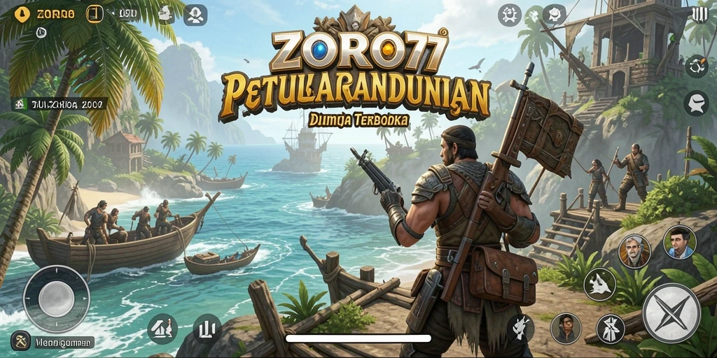 Screenshot ZORO77 menunjukkan gameplay eksplorasi dunia terbuka yang menawan.
